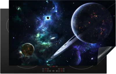 Produktbild von KitchenYeah© Herdabdeckplatte Buntes Bild der Milchstraße mit Planeten , 85x52cm, Küche Deko, Glaskeramikkochfeld Herdabdeckung, Abdeckplatte fùr Kochfeld