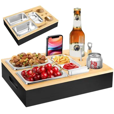 Productafbeelding van Couchtafel, snackbar, tafelblad, snackbox van bamboe, roestvrijstalen schalen, magnetische deksel