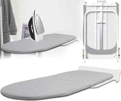 A collage of images showing a wall-mounted ironing board, both in use with an iron and folded, and a close-up of the ironing board surface.