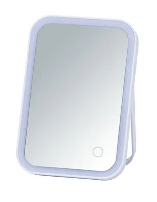 A white LED makeup mirror with a stand.