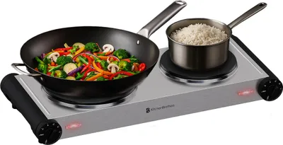 Produktbild von KitchenBrothers Elektrische Kochplatte - 2 Kochfelder - Freistehend - 7 Temperaturstufen - 1500W + 1000W - Edelstahl/Schwarz