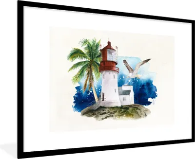 Produktbild von MuchoWow® MuchoWow® Gerahmtes Poster Leuchtturm - Palme - Vogel - Meer 90x60 cm - Poster mit zchwarzem Bilderrahmen - Wanddekoration - Fotos