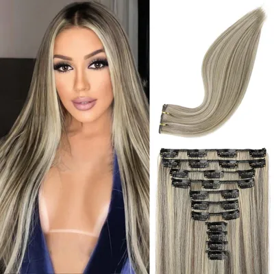 Image de Extension de cheveux à clipser, ensemble de 11 pièces, longueur 61 cm, couleur châtain cendré avec mèches blond platine, matière synthétique