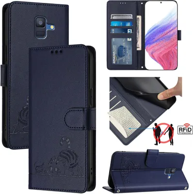 Produktbild von Leder Hülle für Samsung Galaxy A6 2018 Süße Katze Flip Case Brieftasche Schutzhülle mit Standfunktion Blau