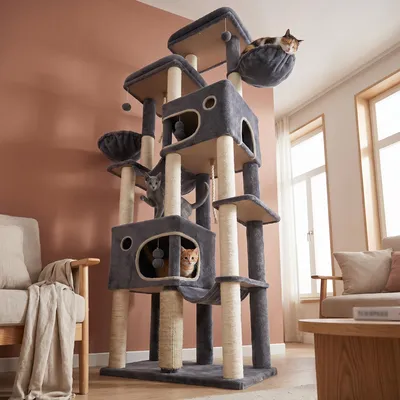 Produktbild von Fobyfurny Kratzbaum, 213 cm XXL Katzenbaum, 2 Extra Große Plattformen, 2 Große Höhlen, 10 Kratzstämme, 2 Hängematten, Korb, Katzenbürsten, Pompons