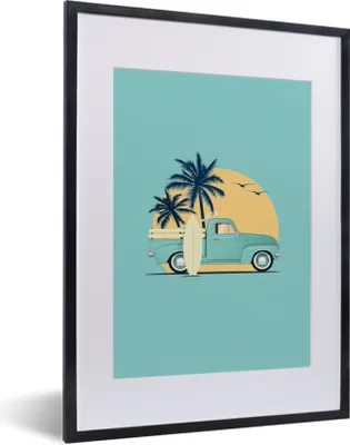 Produktbild von MuchoWow® MuchoWow® Gerahmtes Poster Auto - Sonne - Surfbrett - Palme 30x40 cm - Poster mit zchwarzem Bilderrahmen - Wandposter Schlafzimmer