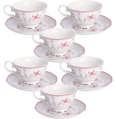 Productafbeelding van Set van 6 theekopjes en schoteltjes, roze met rozenmotief, porselein, 150 ml, met gouden rand, vintage stijl
