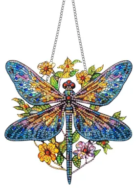 Zdjęcie produktu dla Zestaw do tworzenia obrazów diamentowych: zawieszka i obrazy okienne, motyw ważka, 20x20 cm, akryl, dwustronne, z łańcuszkiem