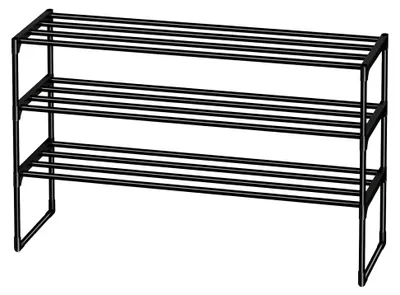 Produktbild von Schuhregal mit 3 Ebenen, Schuhablage aus Metall, aufrecht oder umgedreht, stapelbar, für 16-20 Paar Schuhe, 93 x 30 x 56 cm, Schuhständer für den Flur, Schwarz