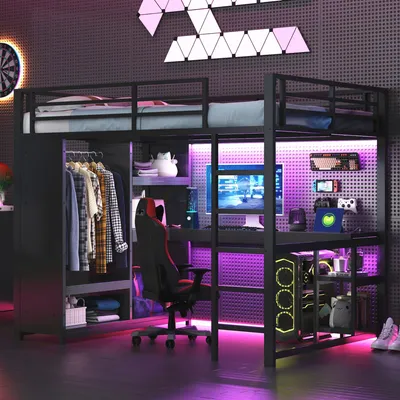 A gaming-themed loft bed setup with a desk, chair, wardrobe, and computer equipment, illuminated by purple LED lights.