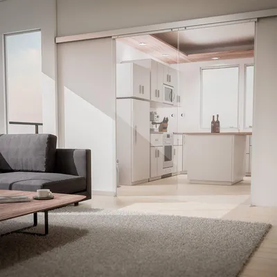 2-Flügelige, klare Glasschiebetür in modernem Wohnraum