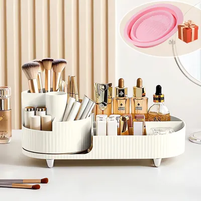 Produktbild von 360° drehbarer Make-up-Organizer, großer Badezimmer-Kosmetik-Organizer mit Aufbewahrungsfach – inklusive Make-up-Pinselreiniger (weiß)