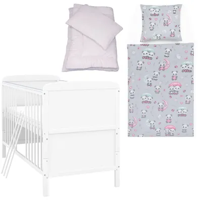 Produktbild von Baby-Delux Babybett Kinderbett Natalie Umbaubar 140x70 Weiß Bettset 4-Tlg Komplett Panda Grau