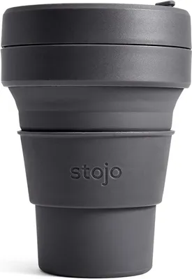 A dark gray Stojo collapsible pocket cup is shown against a white background.