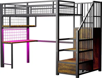 Obrázok produktu pre Kovová poschodová posteľ 90 x 200 cm, s osvetlením a nabíjacou zásuvkou, s rebríkom na odkladanie vecí a skriňou, kompletná s policami, písacím stolom a mriežkovou policou
