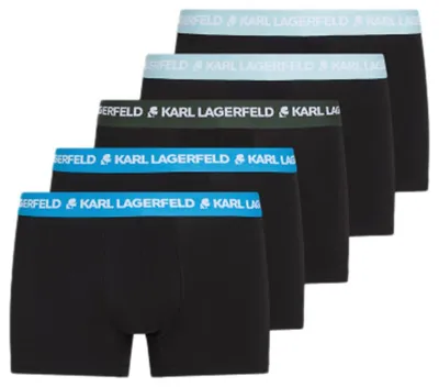 Immagine prodotto di KARL LAGERFELD, confezione da 5 mutande da uomo, modello "Logo Trunk", con fascia colorata, colori: Malibu/Forest/Sterling
