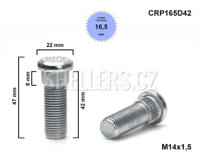 Obrázek produktu pro Kolový svorník - šteft M14x1,5x42 tisícihran průměr 16,5mm, CRP165D42, celková délka 47 mm