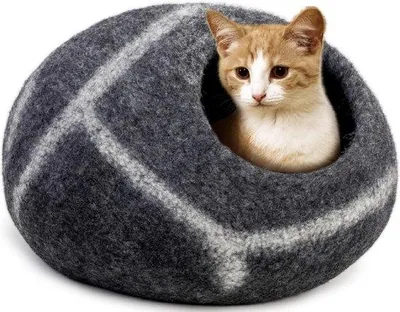 Image de Niche pour chat rayée grise, taille moyenne, en feutre de Laine