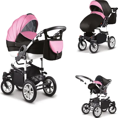 Produktbild von Kinderwagen-Set Craft 4 in 1 in Rosa-Weiß-Schwarz - 16 Teile - in 18 Farben erhältlich