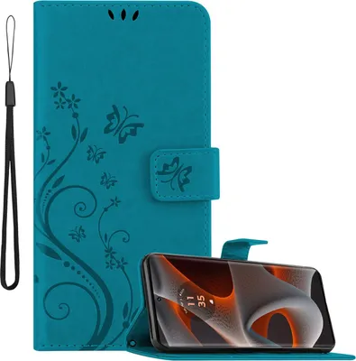 Image de Cadorabo Housse pour Motorola Moto Edge 50 Pro Housse en FLORAL BLEU Housse de protection au design floral avec fermeture magnétique, fonction de rangement et porte-cartes Book Case Cover