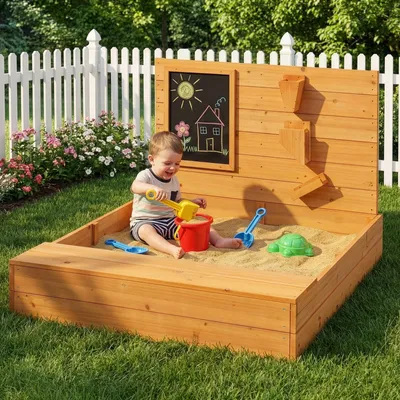 Obrázok produktu pre Drevený pieskovisko FCH so slnečnou strieškou 119 x 101 x 76 cm, s tabuľou a šmýkačkami – drevené detské pieskovisko do záhrady