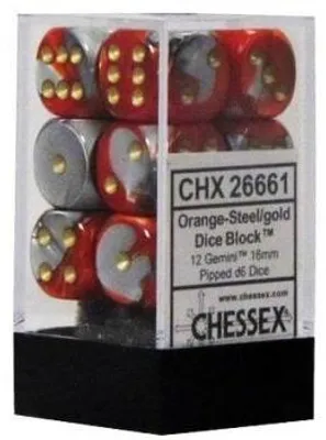 Produktbild von Chessex Gemini 16mm d6 with pips Dice Blocks (12 Dice) - Orange-Steel w/gold