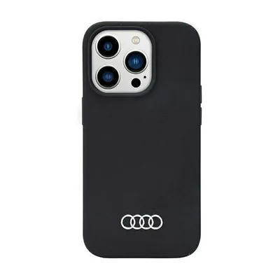 A black Audi branded iPhone 14 Pro Max case is shown against a white background.