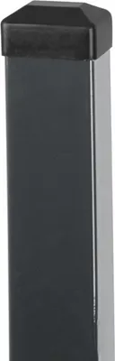 A close-up of a black square fence post with a black cap on top, set against a white background.