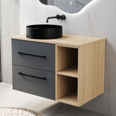 Produktbild von Waschtisch mit Unterschrank GHENT 80cm Dunklegrau Aufsatzwaschbecken Schwarz Waschbecken mit Unterschrank Badmöbel Set MDF Softclose