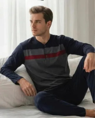 Produktbild von Herren Pyjama Schlafanzug Marineblau L Baumwolle Lang M-75