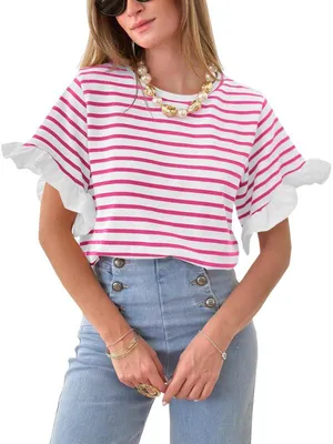 Produktbild von Gestreiftes Damen-T-Shirt, Rüschenärmel, Rundhalsausschnitt, kurze Ärmel