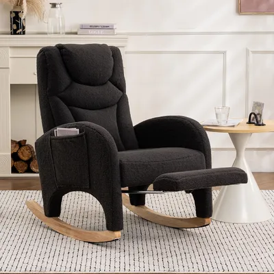 Zdjęcie produktu dla Fotel bujany Sweiko 052, leżanka, fotel do salonu z podłokietnikiem, tapicerowany fotel bujany, fotel akcentujący do sypialni, ciemnoszara tkanina teddy, nośność 110 kg