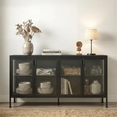 Produktbild von Sideboard Schwarz 150x40x80cm mit LED Beleuchtung, 4 Türen aus Nagellackglas, Stabiler Metallrahmen für Esszimmer & Wohnzimmer