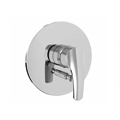 A chrome-finished shower faucet control set mounted on a circular plate.