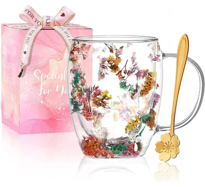Productafbeelding van Dubbelwandige glazen beker met gedroogde bloemen en handvat, 280 ml, hittebestendig