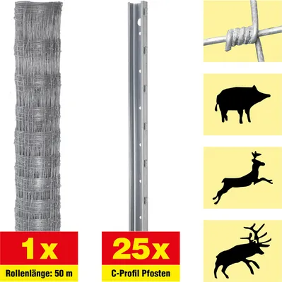Produktbild von Wildzaun 50 m Set Taurus schwer - Höhe: 140 cm, inkl. 25 Pfosten, Horizontaldrähte: 11