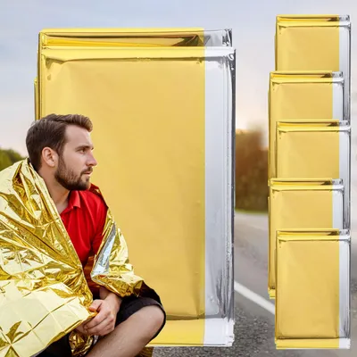 Produktbild von 5er Set Zuverlässige Rettungsdecke, 210 x 160 cm, gold - silber, Wärmefolie auch ideal für Sport, Camping und Outdoor Abenteuer, ein Produkt der NASA