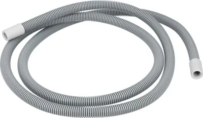 A gray corrugated hose with white connectors on each end, laid out in a loop on a white background.