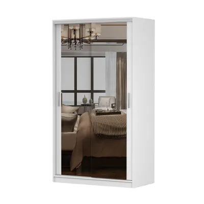 Produktbild von Schwebetürenschrank TOKYO M, Schlafzimmer Kleiderschrank Schrank 120 cm Weiß/Weiß mit Spiegel, alufarbene PVC-Griffe