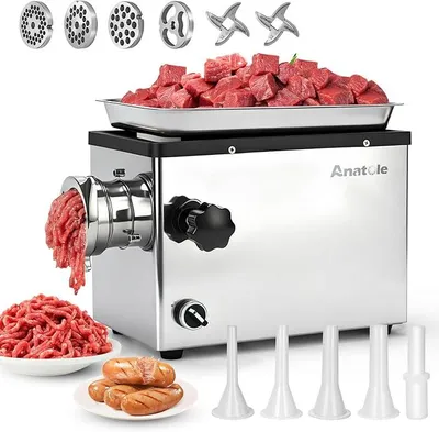 Produktbild von Fleischwolf Elektrisch Profi Hackfleisch Maschine 950W Edelstahl Multi Wurstmaschine mit 6/8/10mm/3-Loch Schleifplatten 1 Wurstfüller 2 Klingen für Restaurant Hotel 220V