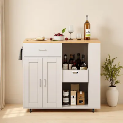 Produktbild von INONEFT Kücheninsel mit Rollen, Küchenwagen mit Arbeitsplatte, Servierwagen mit Schublade und Schrank, 3 Gewürzregal, 102 x 46 x 92 cm, Weiß