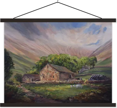 Produktbild von MuchoWow® Textilposter Ölgemälde Bauernhaus 120x90 cm mit schwarzem Rahmen - Aufhänger für Poster