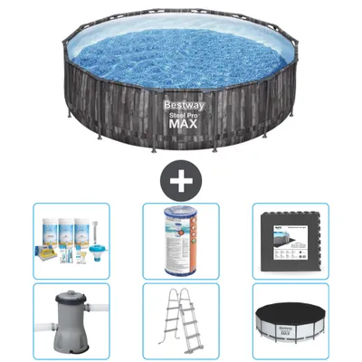 Zdjęcie produktu dla Basen Bestway Round Steel Pro MAX - nadruk drewniany - 427 x 107 cm - w tym pompa - drabinka - pakiet konserwacyjny pokrywy - filtr - płytki podłogowe