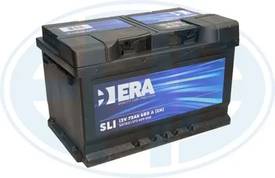 A black car battery with a blue label is shown against a white background.