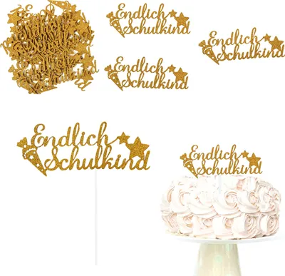 Produktbild von Oblique Unique Schuleinführung Schulanfang Einschulung Deko Set - Torten Topper + Konfetti Set Endlich Schulkind gold