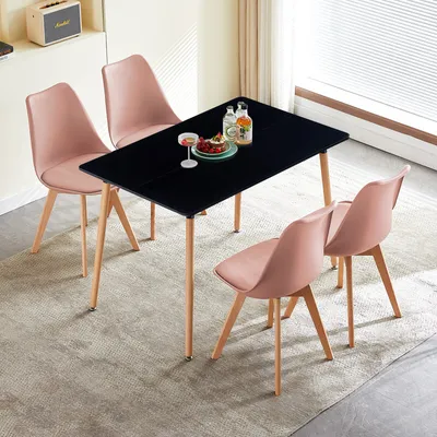 Image de HJ_WeDoo Ensemble de salle à manger en hêtre jambe table de cuisine groupe de sièges, montage facile, 4 chaises (couleur sable de fève) avec table à manger (noir) 110x70x73cm