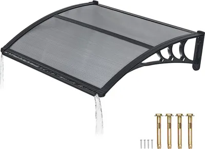 Immagine prodotto di SucceBuy Tettoia per porta d'ingresso 755x1000 mm, design arcuato con drenaggio, copertura con supporto in ABS, protezione da pioggia, neve e sole, tetto in policarbonato per veranda e terrazza, grigio fumo
