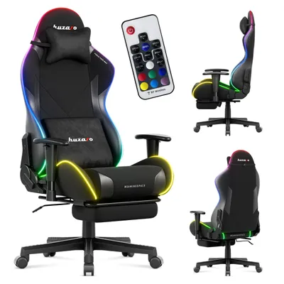 Produktbild von Huzaro Force 5.7 RGB Black Carbon – Gaming Stuhl, LED-Beleuchtung, 2D-Armlehnen, Fußstütze, 155° Neigung, Kissen, SGS, 136 kg