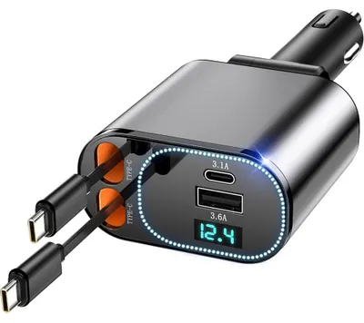 Intrekbarer Auto-Ladegerät 123W, 4-in-1, USB-C & USB-A