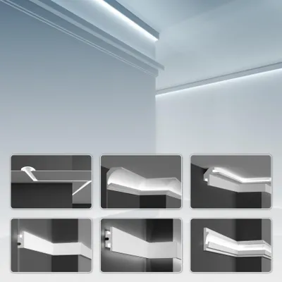 Immagine prodotto di Profili a LED da incasso in XPS con rivestimento resistente, per illuminazione indiretta con elementi luminosi a soffitto - Tesori KD